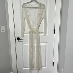 Davi & Dani Boho Sheer Pearl & rhinestone Longline Kimono Swimsuit Cover Up L